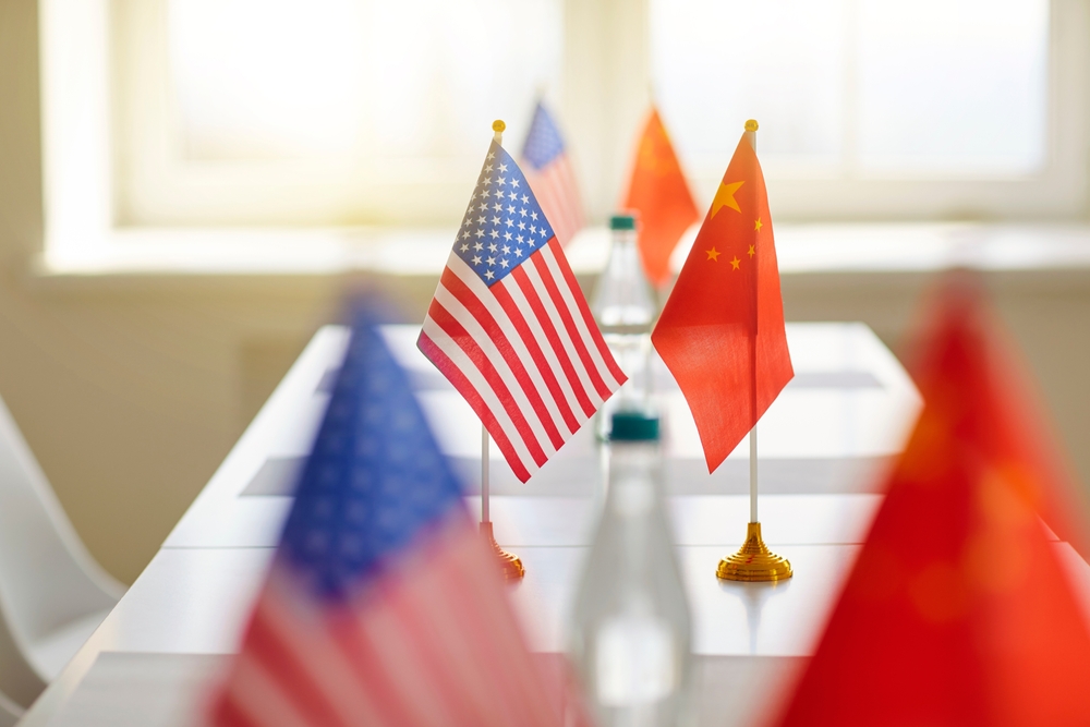 Negotiations,Between,China,And,America.,Close,Up,Of,Flags,Of